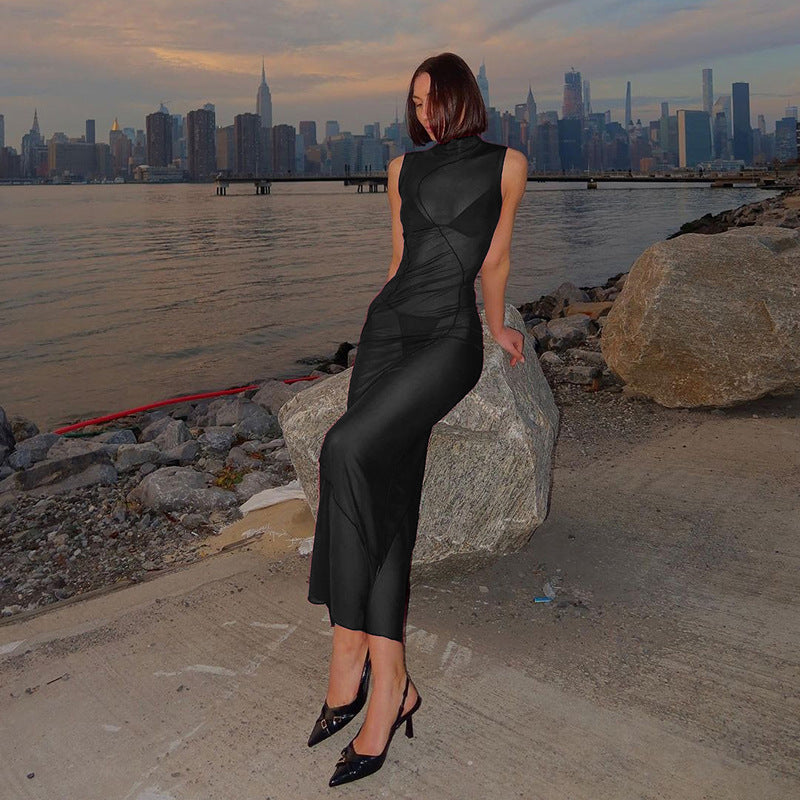 Spring Women Clothing Solid Color Sexy Sheer Mesh High Waist Figure Flattering Sheath Dress