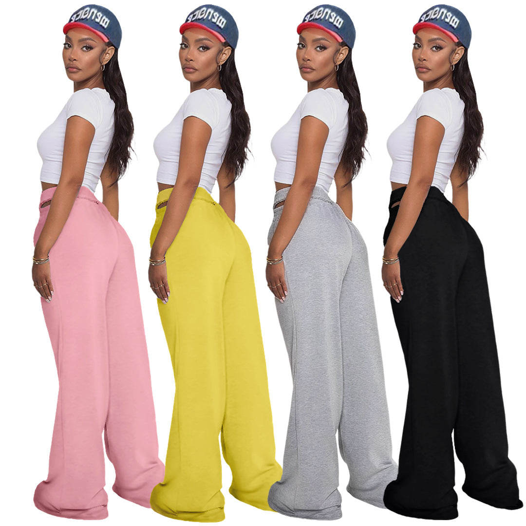 Women Clothing Nightclub Uniforms Solid Color Double-Layer Waistband Sports Casual Wide-Leg Pants
