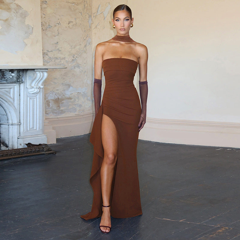 Women Clothing Summer Elegant Sexy Scarf Collar Slim Fit Slit Backless Dress Tube Top Dress