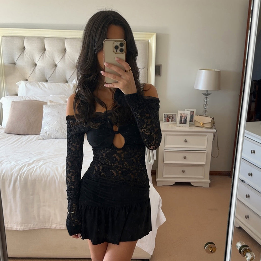 Lace Hollow Out Cutout Sexy off Shoulder Dress Women Adult Lady like Woman Slim Fitting Patchwork Tiered Dress