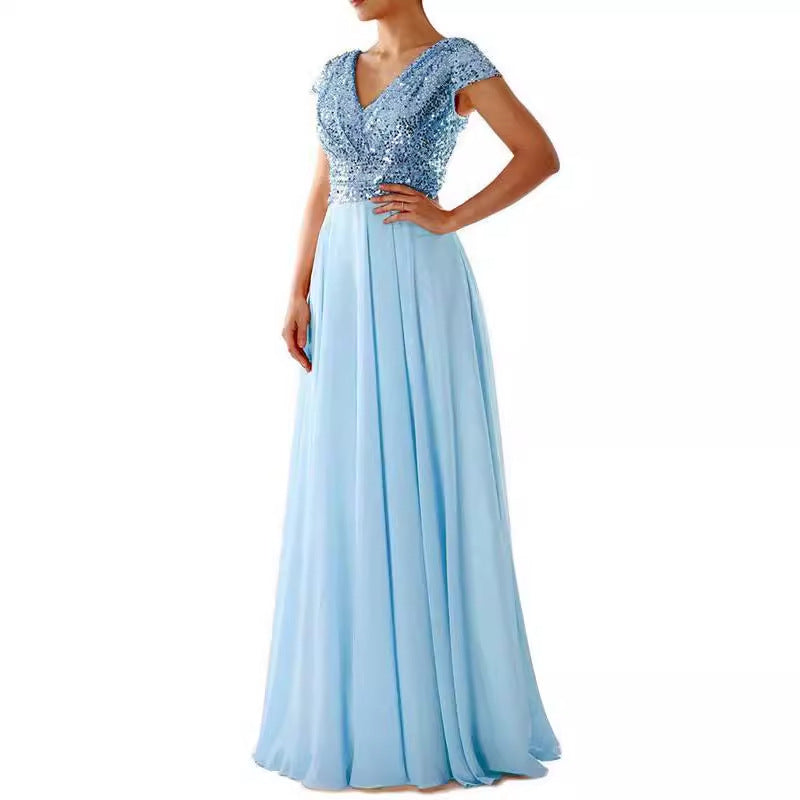 Summer Dress V neck Sequ Chiffon Stitching Evening Maxi Dress