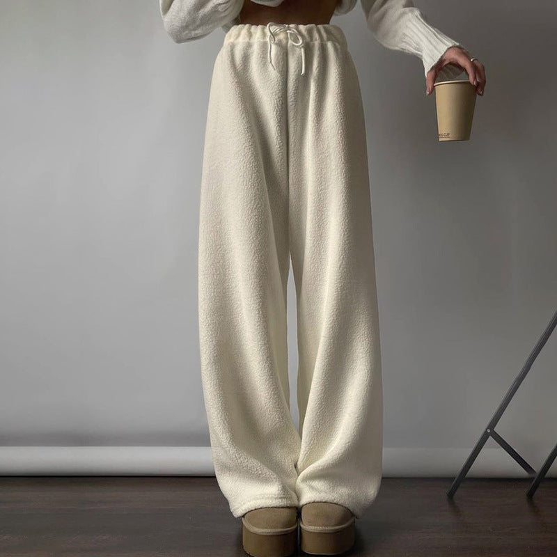 Autumn Winter Comfortable Warm Polar Fleece Elastic Waist Drawstring Design Solid Color All Matching Casual Trousers