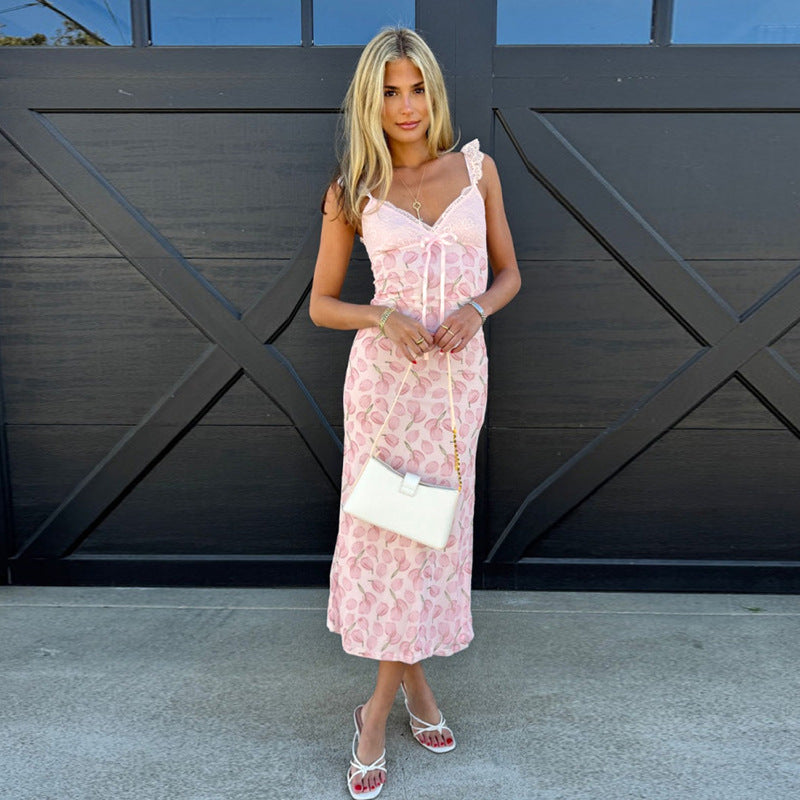 Vacation Women Clothing V neck Lace Flying Sleeves Slim Fit Dress Floral Print Sexy Dress