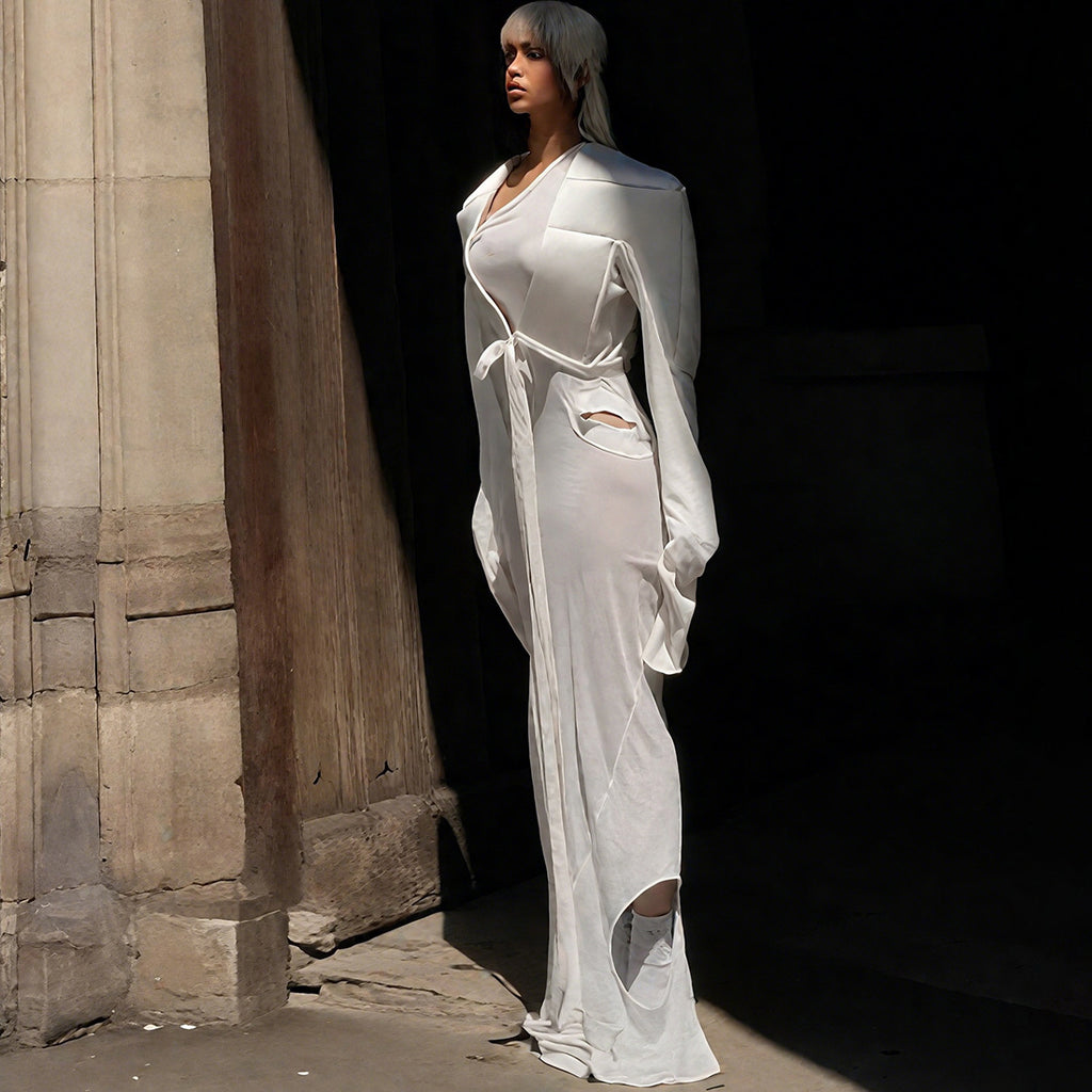 Women Clothing Personality Street Wide Shoulder Long Sleeve V neck Lace up Solid Color Short Coat