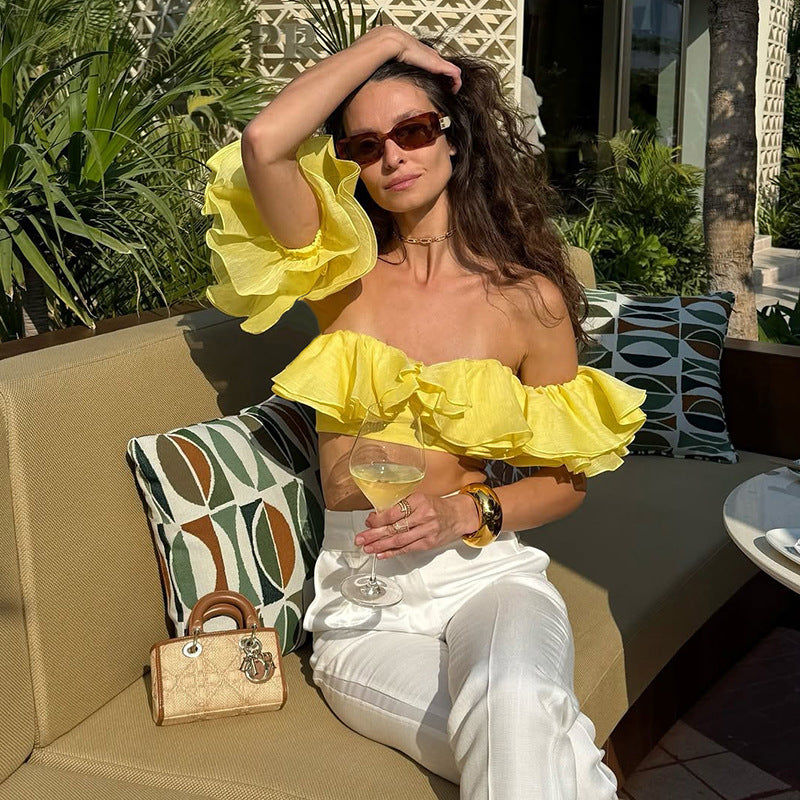 Summer Women Clothing Sexy Halter Cropped Wrapped Chest Split Lace Sleeve Solid Color Top