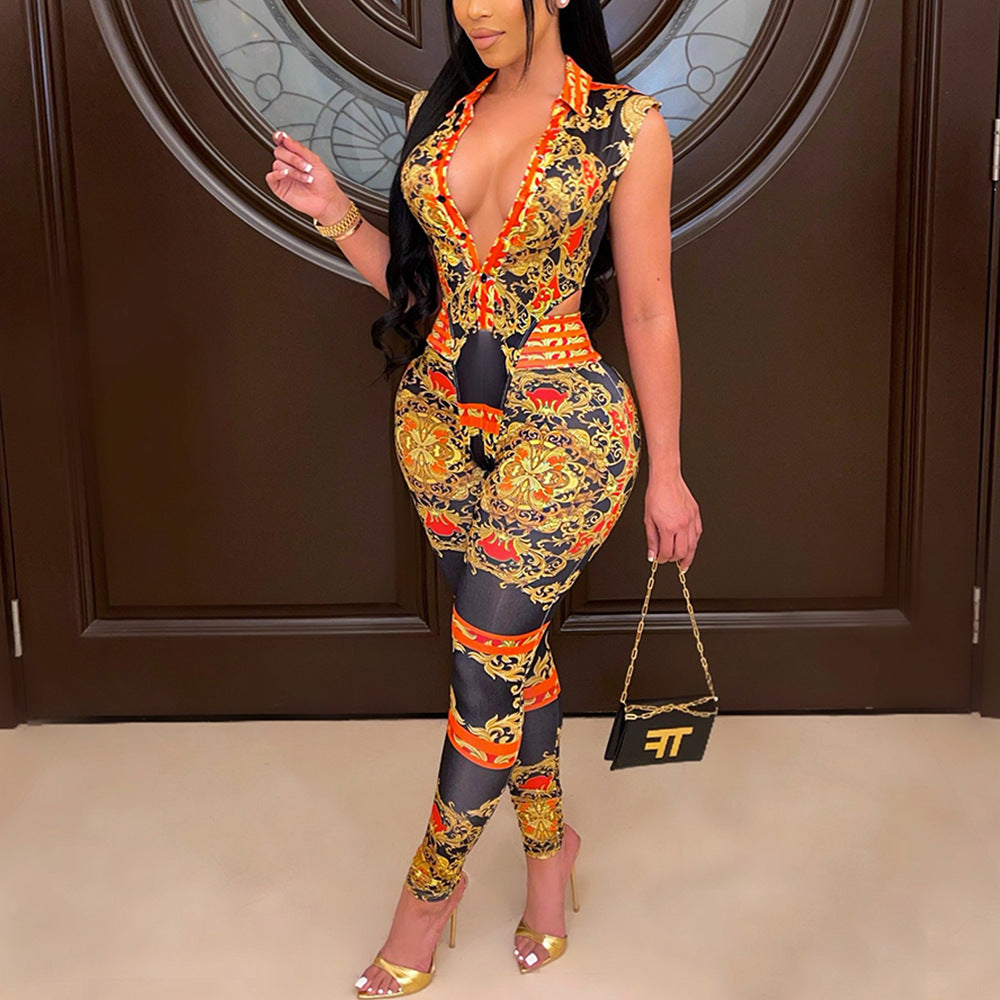 Women Clothing Sexy V neck Tight Digital Positioning Printed Two Piece Suit Women