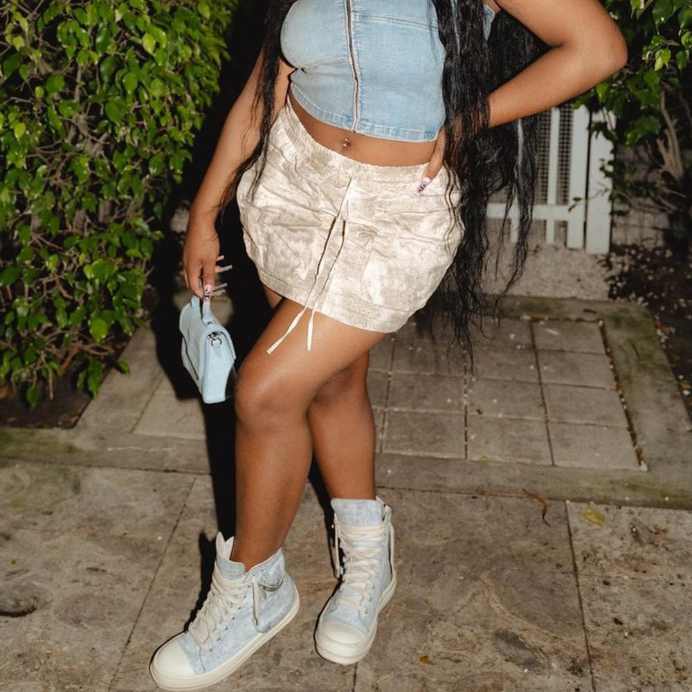 Jupe ultra-courte sexy à poches et taille élastique personnalisée camouflage pour femme