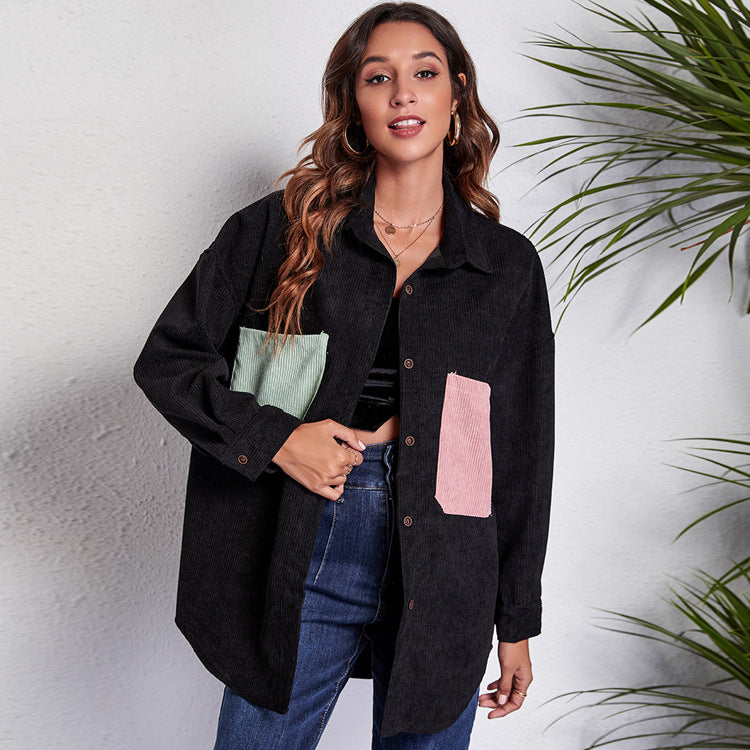 Loose Corduroy Shirt Mid-Length Patchwork Pocket Drop-Shoulder Long-Sleeve Thin New