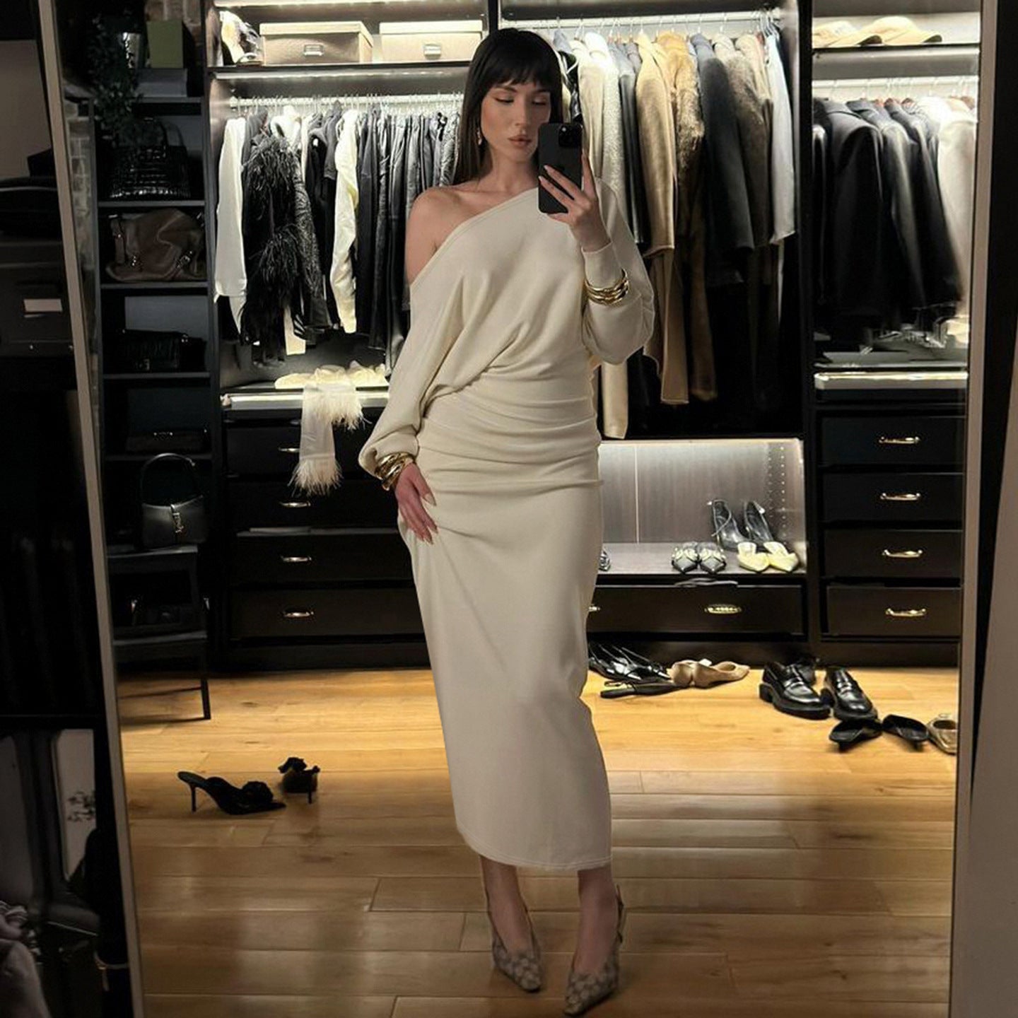 Robe maxi automne-hiver femme, sac bandoulière, manches longues, confortable et chaude, couleur unie, douce