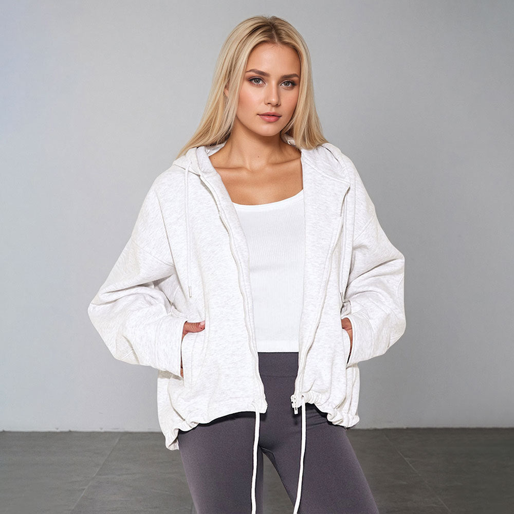 Women Casual Hooded Zipper Polyester Knitted Women Casual Solid Color Original Coat