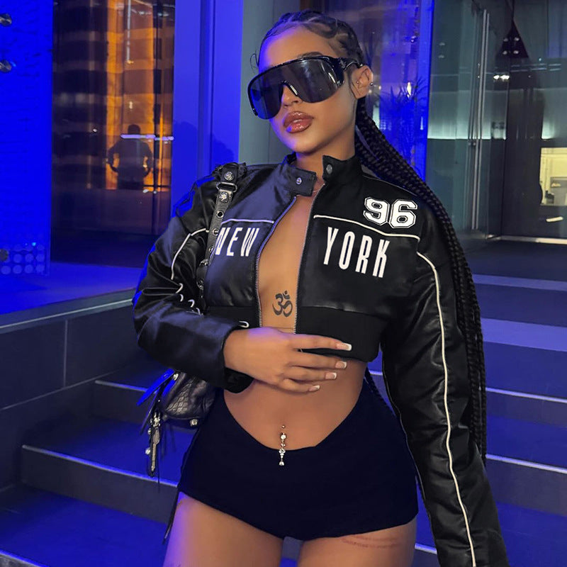 Personality Locomotive Leather Jacket Contrast Color Bud Stripe Numbers Short Faux Leather Jacket Spring Autumn