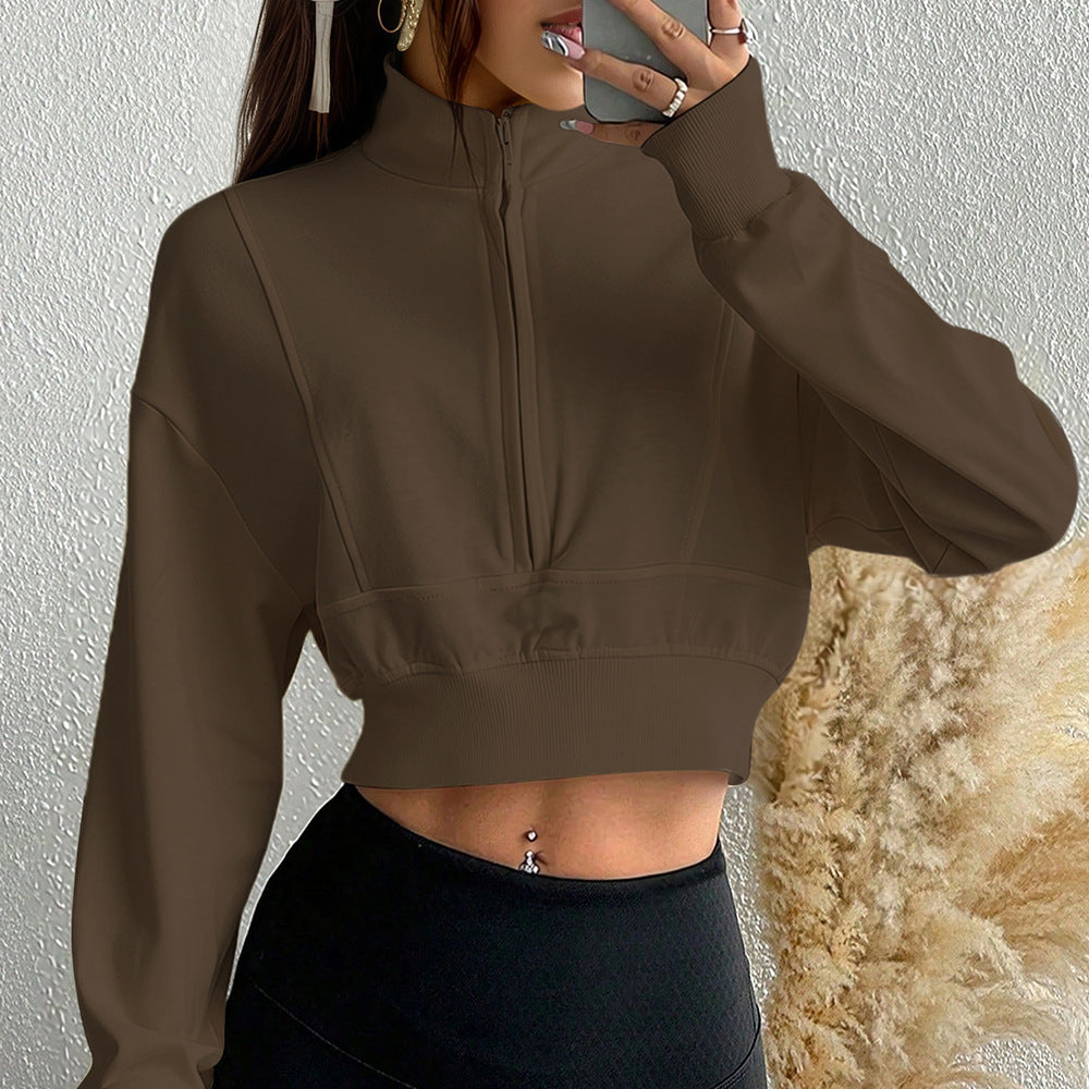 Pull court marron sauvage automne-hiver pour femme, col montant, fermeture éclair, style rétro, coupe ample, haut de sport décontracté