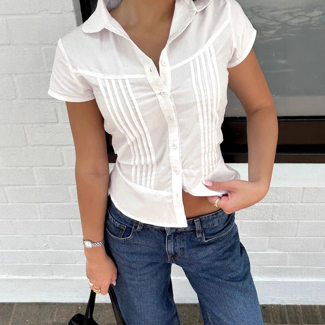 Organ Pleated Gentle Girl Waist Trimming Shirt Trend Women Wear Fresh Solid Color Short Sleeve Top