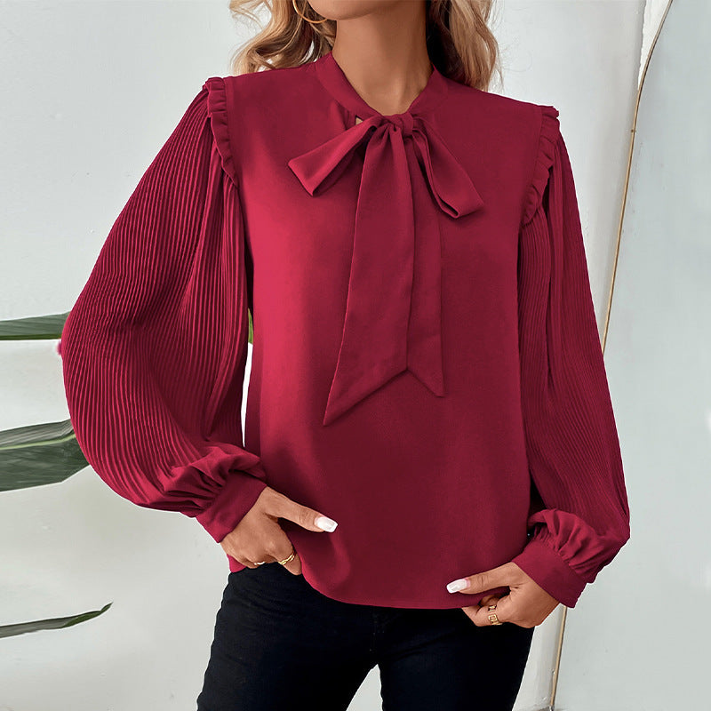 Shirt Lantern Long Sleeve Bow Collar Solid Color Women Shirt