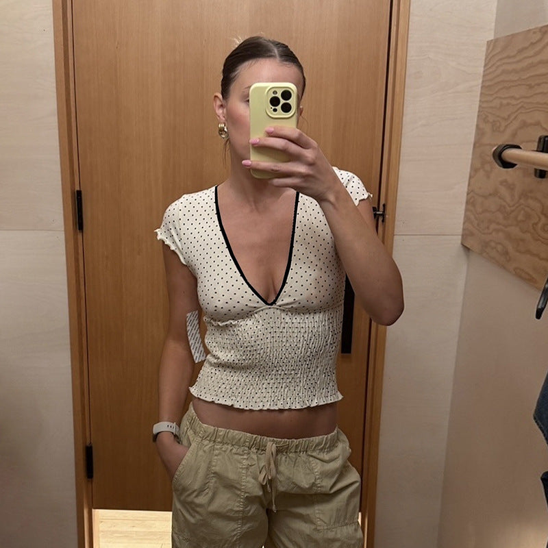 Women Clothing Summer Personalized Polka Dot Contrast Color Slim Fit Sexy V neck Stringy Selvedge Short Sleeve T shirt