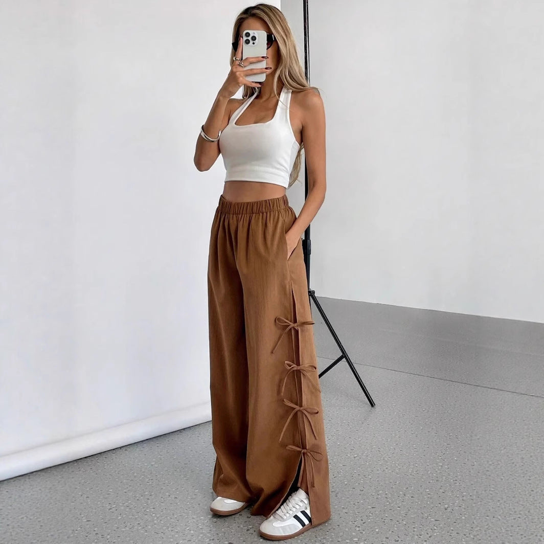 Autumn Winter Women Casual Daily Bow Side Contrast Color Drawstring Sports Casual Pants