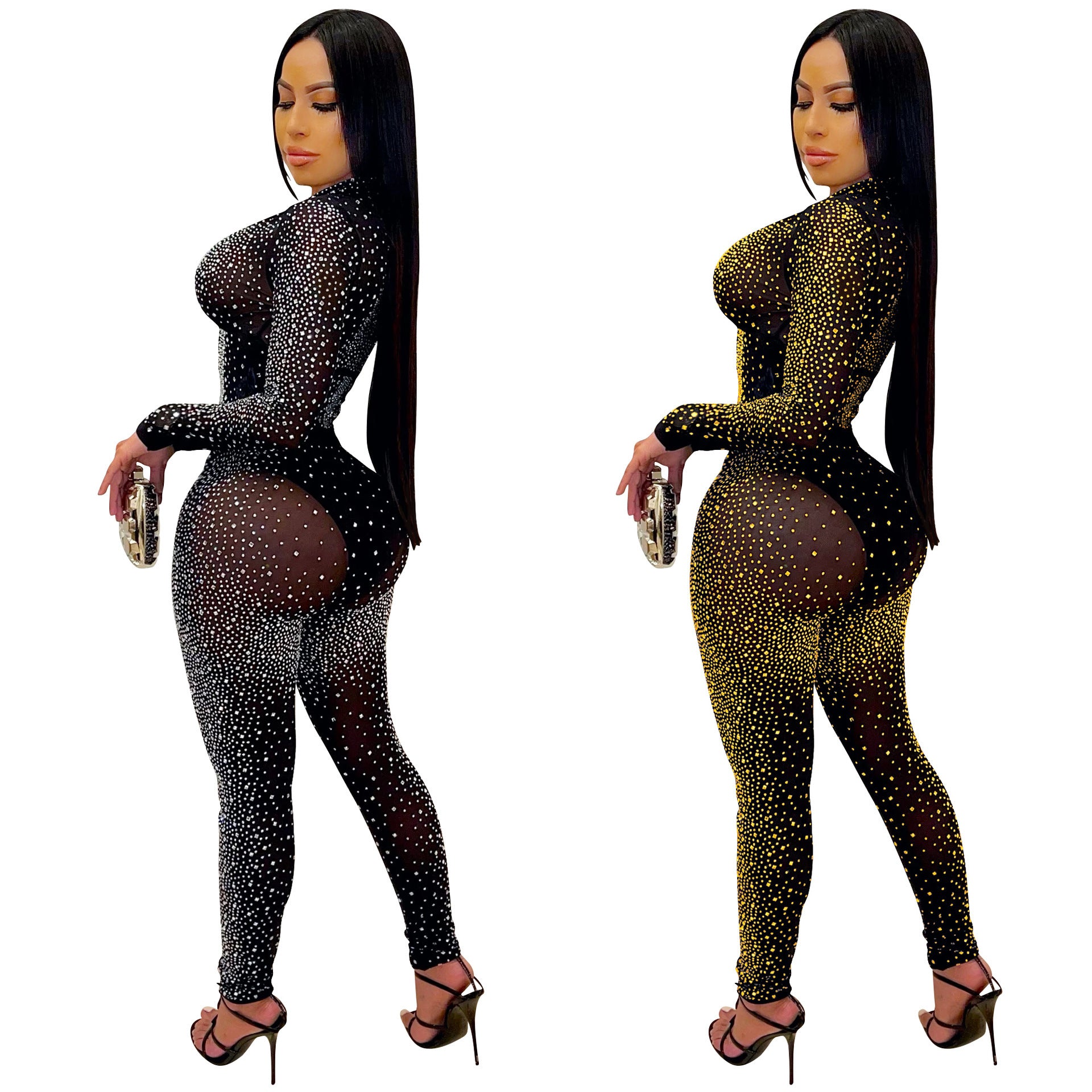 Women Clothing Sexy Tight Mesh See-through Long Sleeve Rhinestone Two-Piece Set Blouse Pants Women