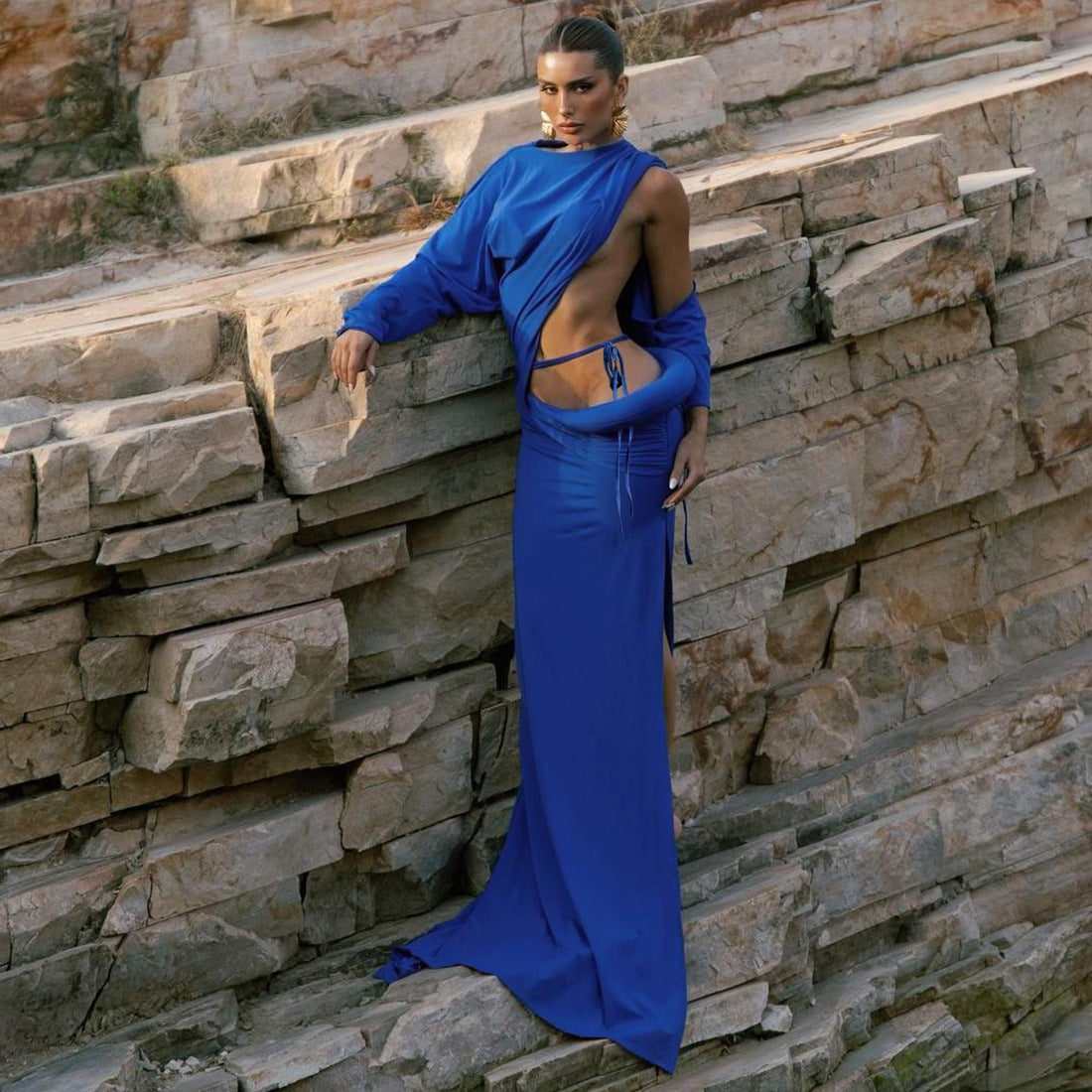 Autumn Winter Women Clothing Solid Color Sexy Cutout round Neck Tied Long Sleeve Dress