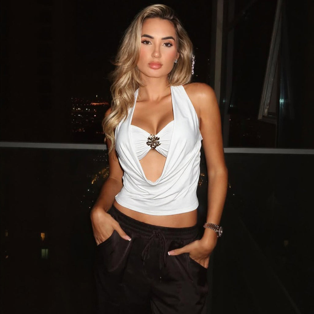 Women Clothing Summer Sexy Hanging Neck Pile Collar Backless Slim Fit Tube Top Vest Set