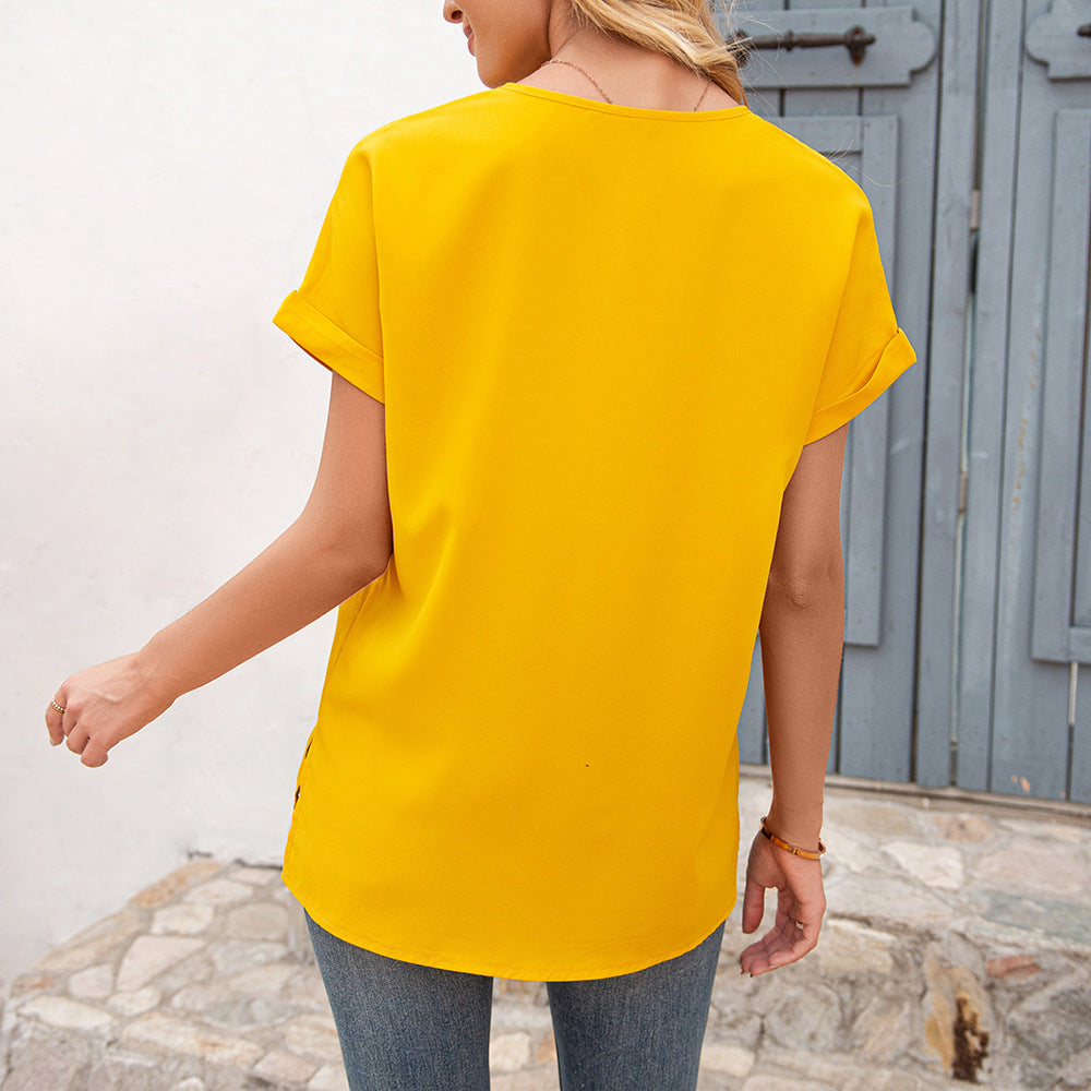 Spring Summer Women Clothing Short Sleeve Casual V neck Shirt Pleated Shirt for Women