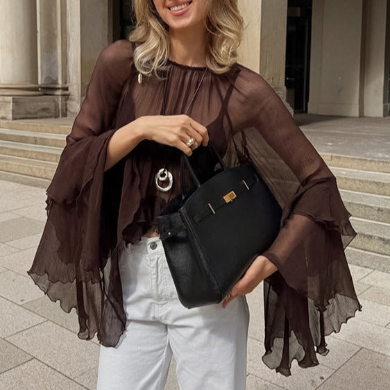 Spring Arrival Women Clothing round Neck Ruffle Sleeve Gentle Loose Chiffon Shirt