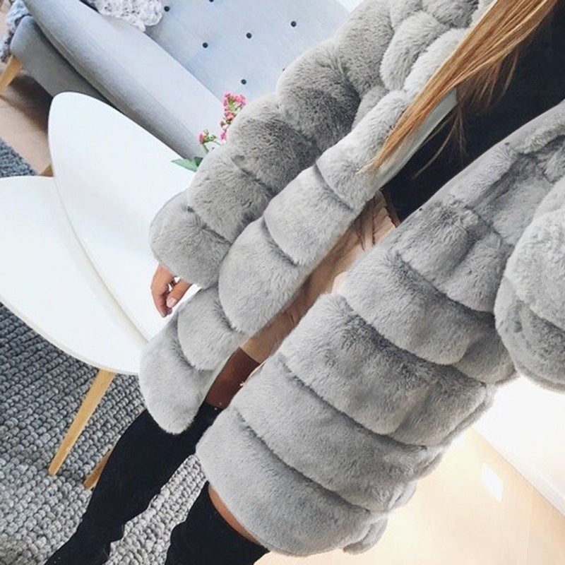 Autumn Winter Women Mid Length Hat Faux Fur Coat Top Women Plush Warm Coat