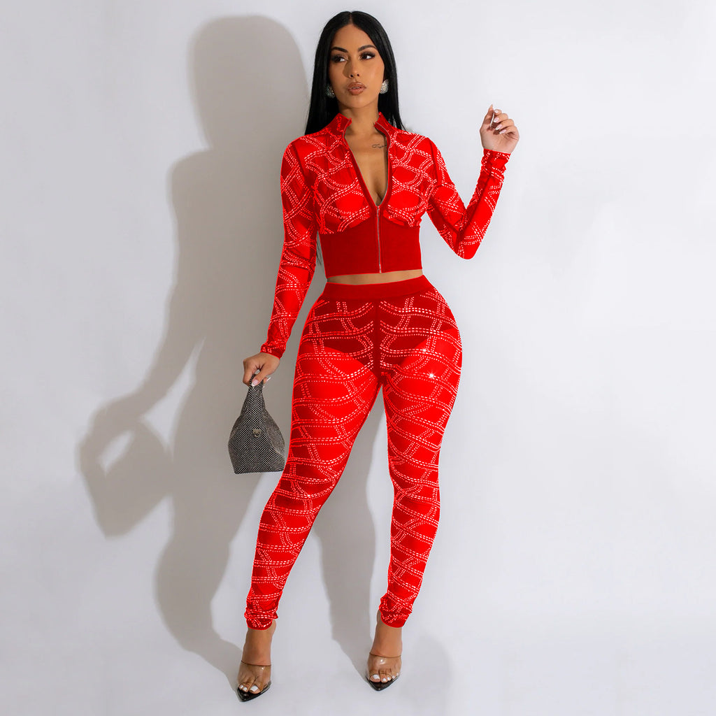 Summer Women Clothing Sexy Mesh Rhinestone Nightclub Long Sleeve Two Piece Set for Women