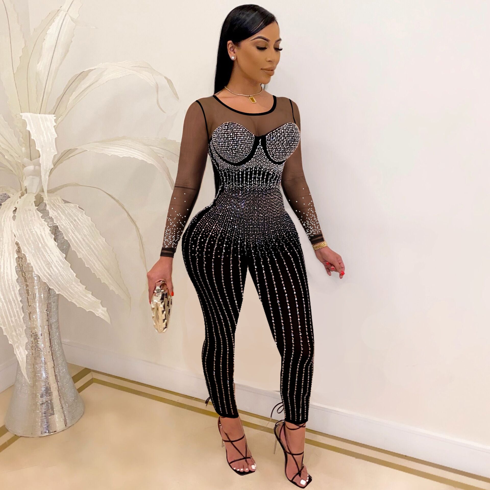 Women Clothing Sexy Mesh Rhinestone See-through Jumpsuit Long Sleeve Nightclub Uniforms Women
