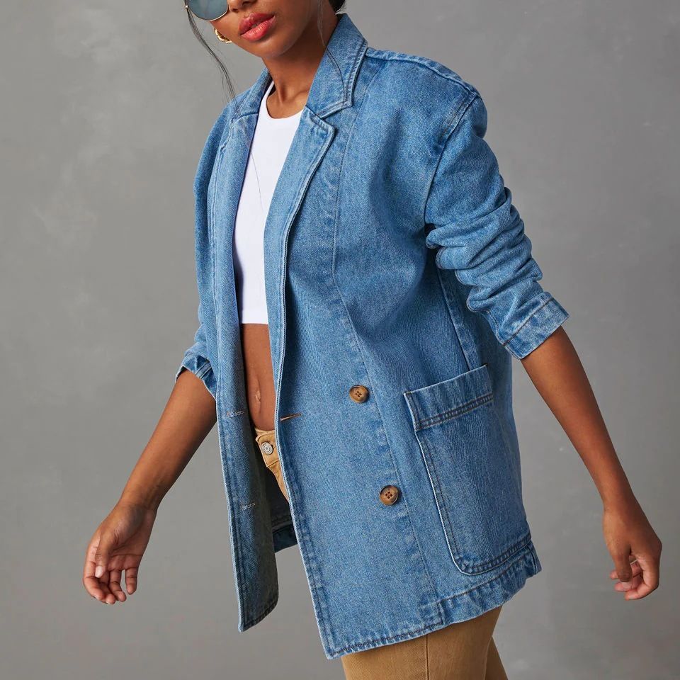 Blazer femme en denim bleu délavé décontracté