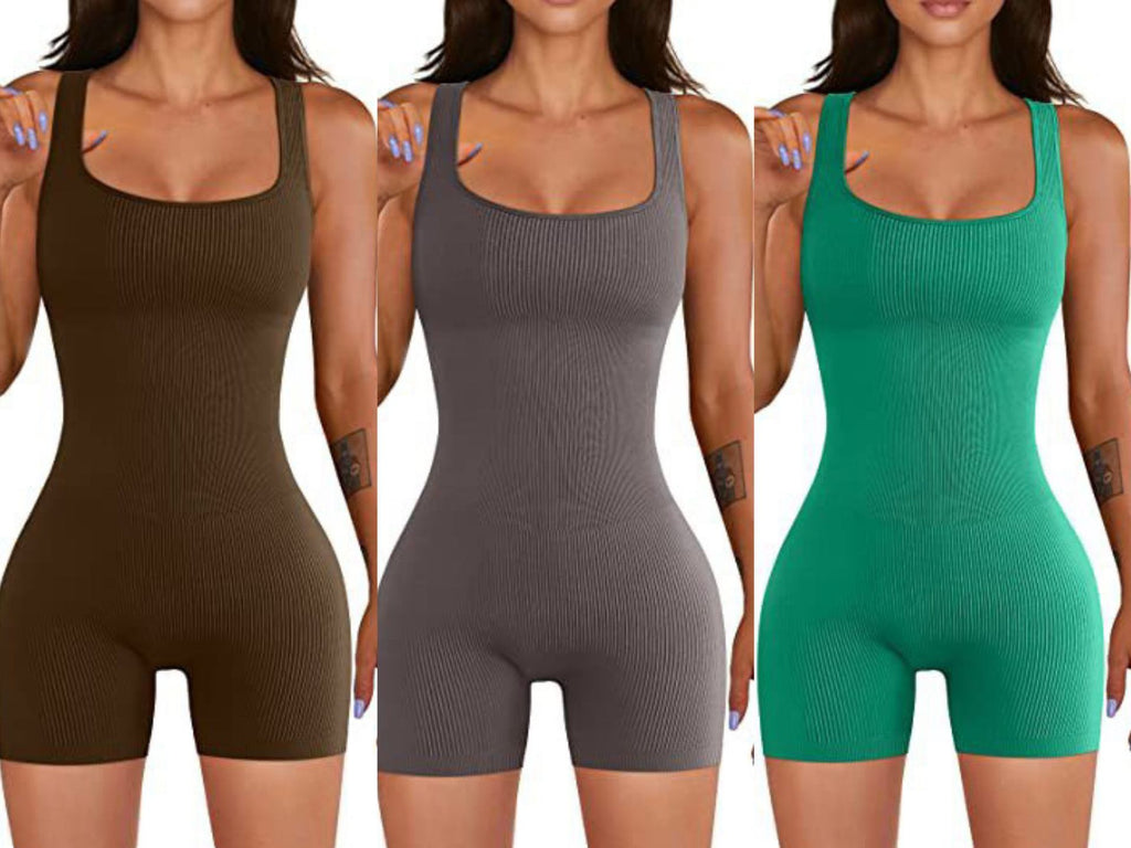 Women Yoga Jumpsuit Workout Ribbed Square Collar Sleeveless Sports Jumpsuit