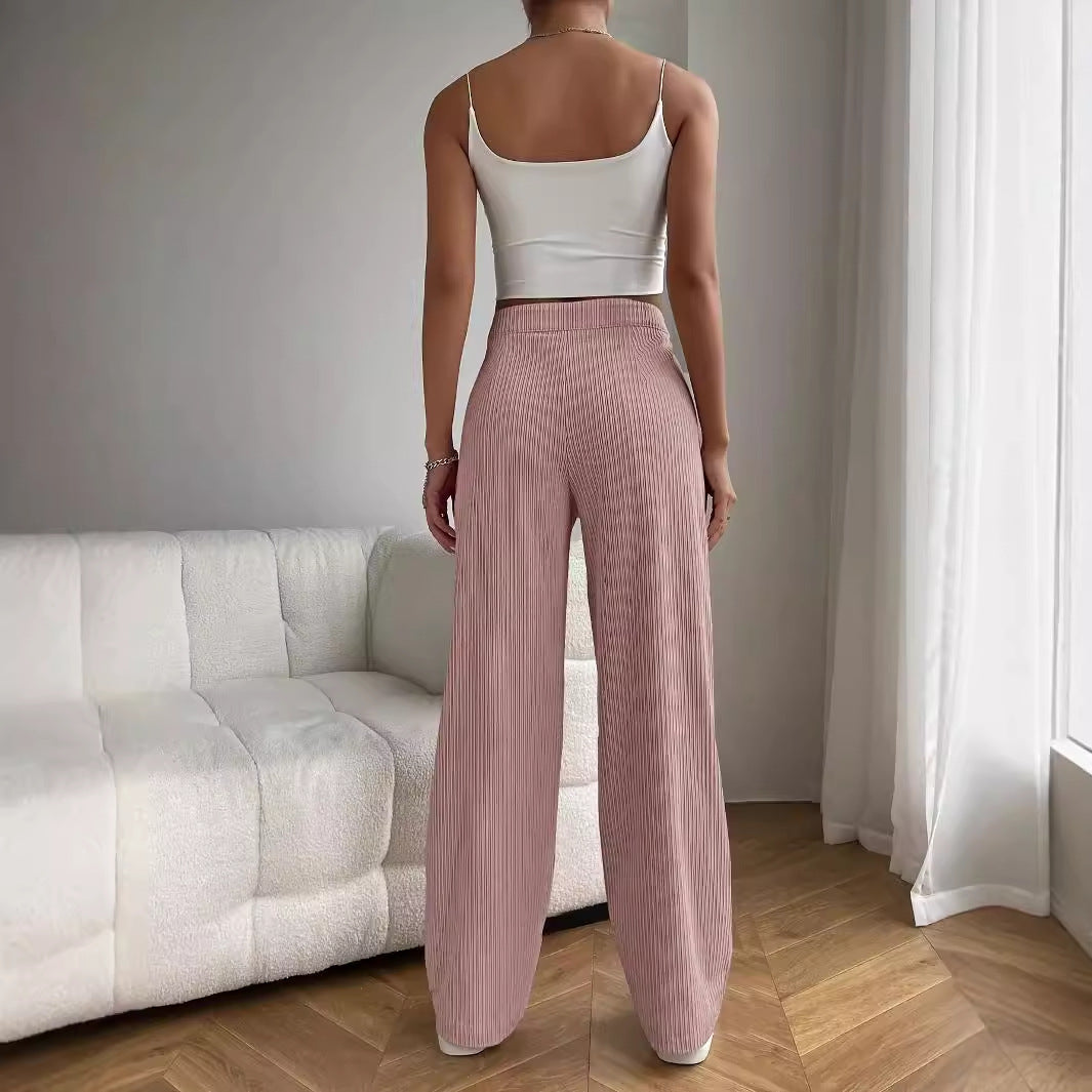 Spring Autumn Summer High Waist Loose Wide Legs Slimming Drape All Matching Corduroy Casual Straight Pants