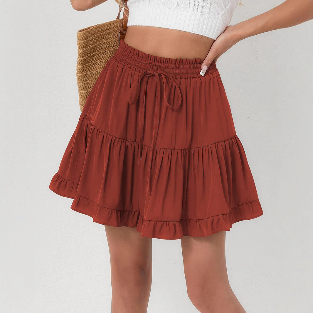 Women Clothing Drawstring Lace Skirt High Waist Elastic Pantskirt Beach All Matching Skirt Women