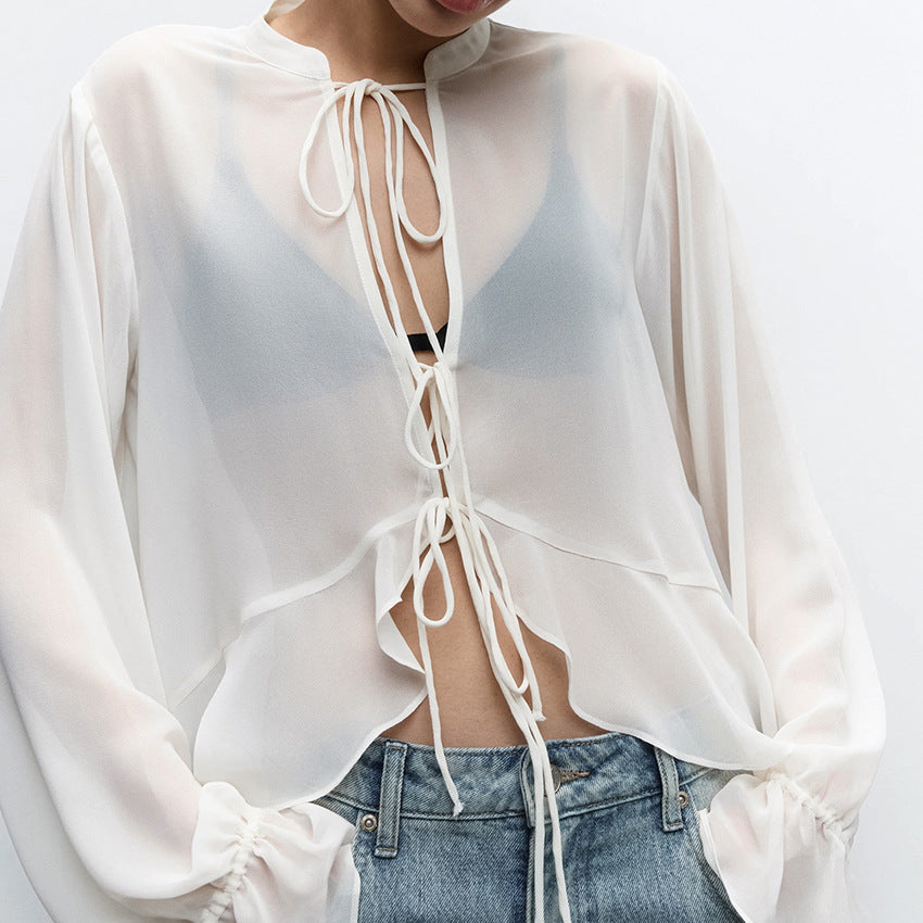 White Chiffon Small Stand Collar Design Drawstring Women Shirt Autumn Winter Top
