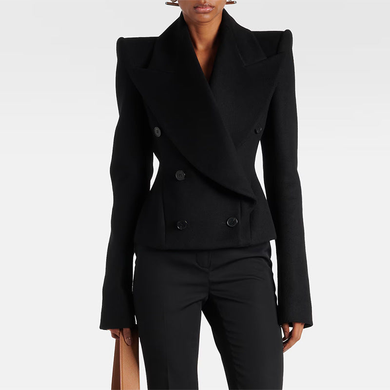 Early Autumn Double Breasted Simple Slim Fit Large Collared Woolen Jacket Coat