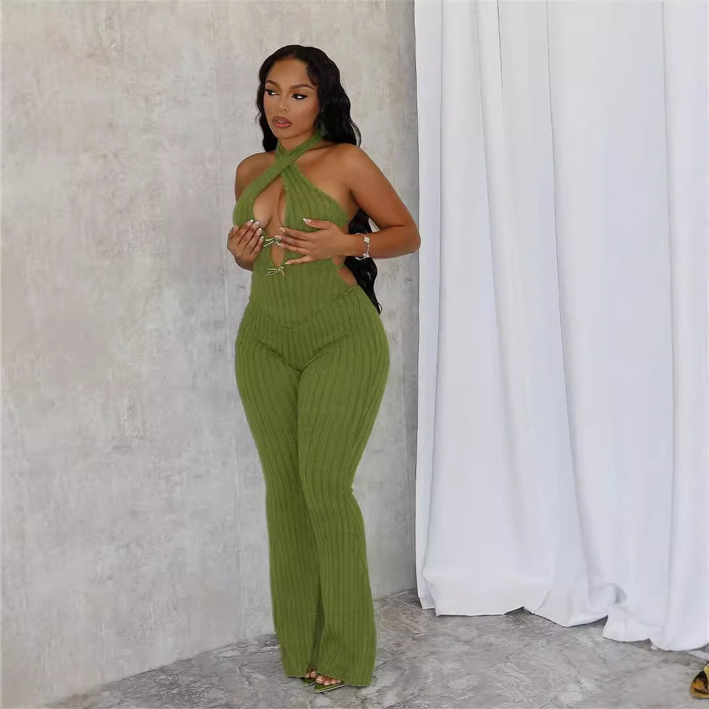 Summer Halter Slim Fit Lace up Backless Sexy Jumpsuit Bell Bottom Pants Jumpsuit Women