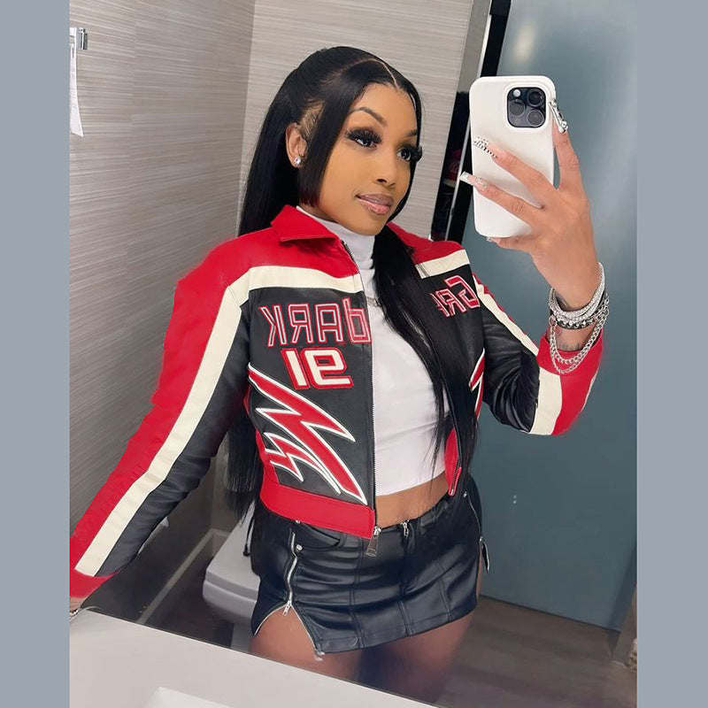 Manteau court zippé sexy automne-hiver pour femme, brodé, col et taille hauts.