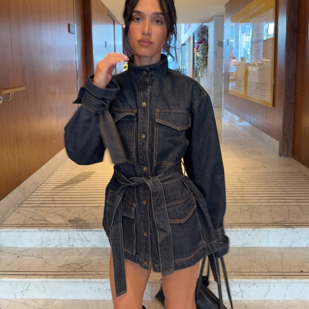 Women Casual Loose Collared Single Breasted Workwear Denim Jacket