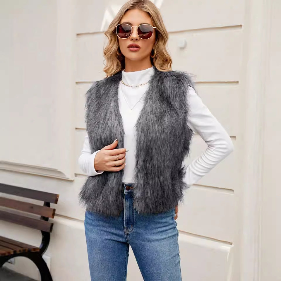 V neck Short Women Faux Fur Coat Vest Top Artificial Fur Vest