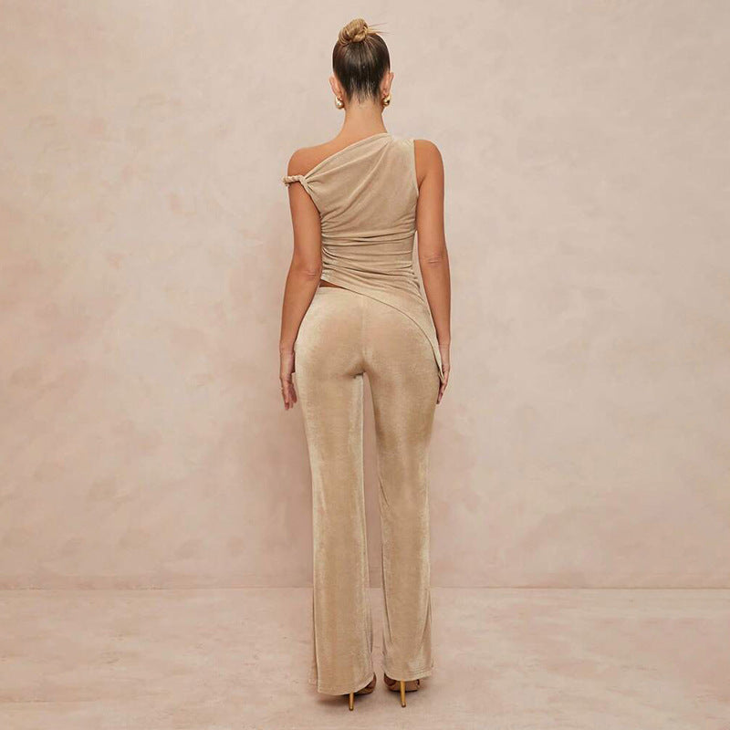 Summer Women Clothing Diagonal Collar Slim Top Sheath Bootcut Pants Set Women