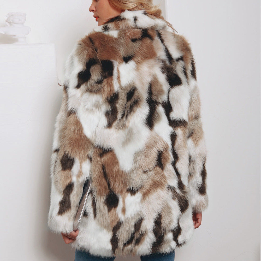 Tailored Collar Mixed Color Faux Fur Coat Women Coat Long Sleeve Fall Winter Coat