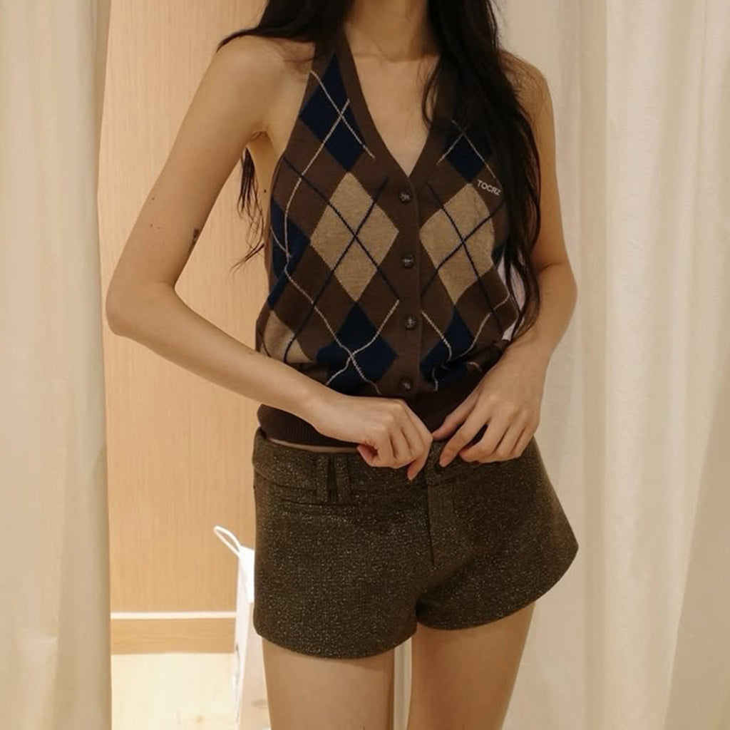 Retro Rhombus Wool Woven Halter Backless Sexy Vest V neck Slim Fit Buttoned Design Sleeveless Sweater Vest