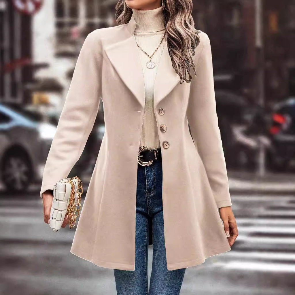 Women Clothing Fall Winter Lapels Slim Fit Wool Solid Color Coat