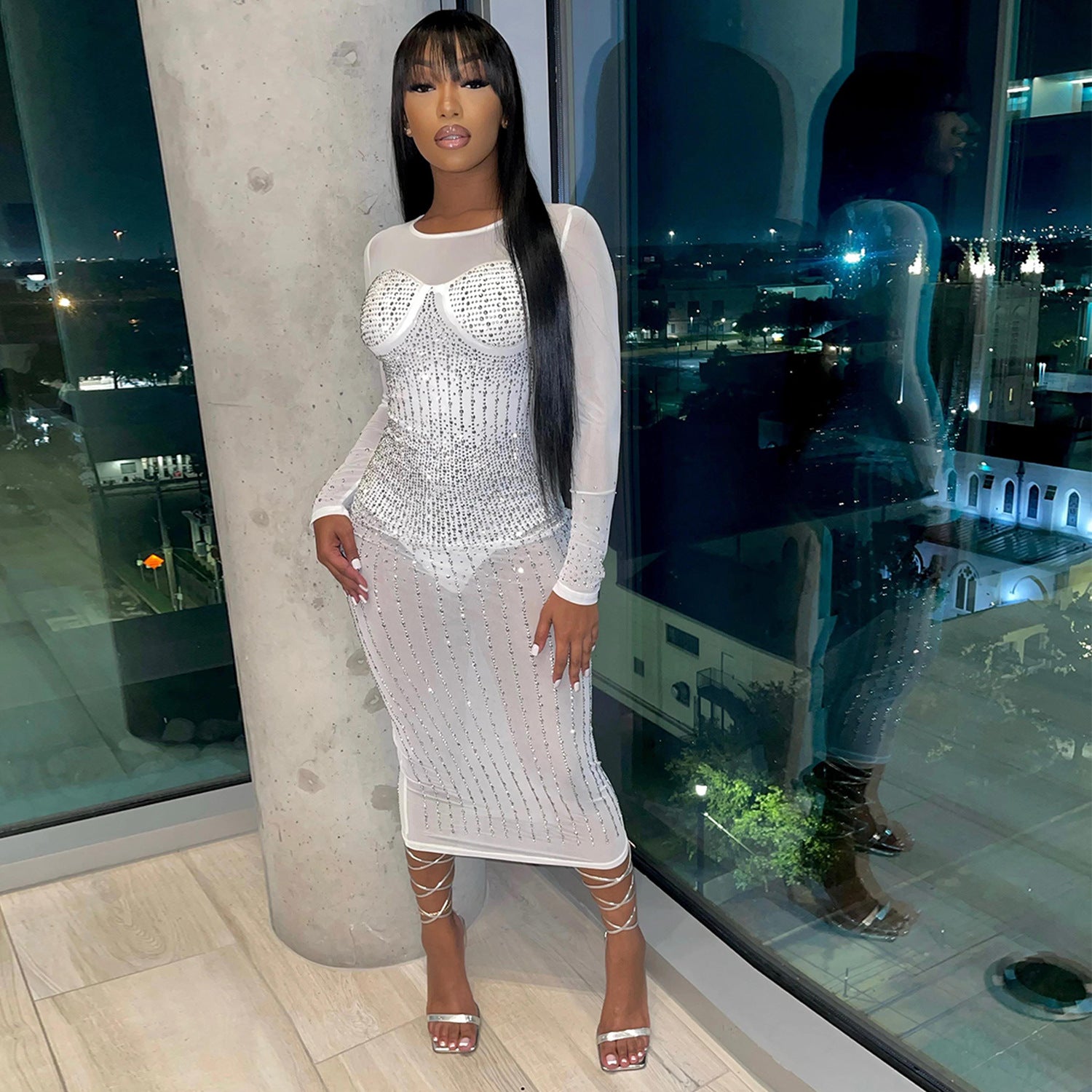 Autumn Winter Women Clothing Sexy Mesh Rhinestone Jumpsuit Long Sleeve Dress