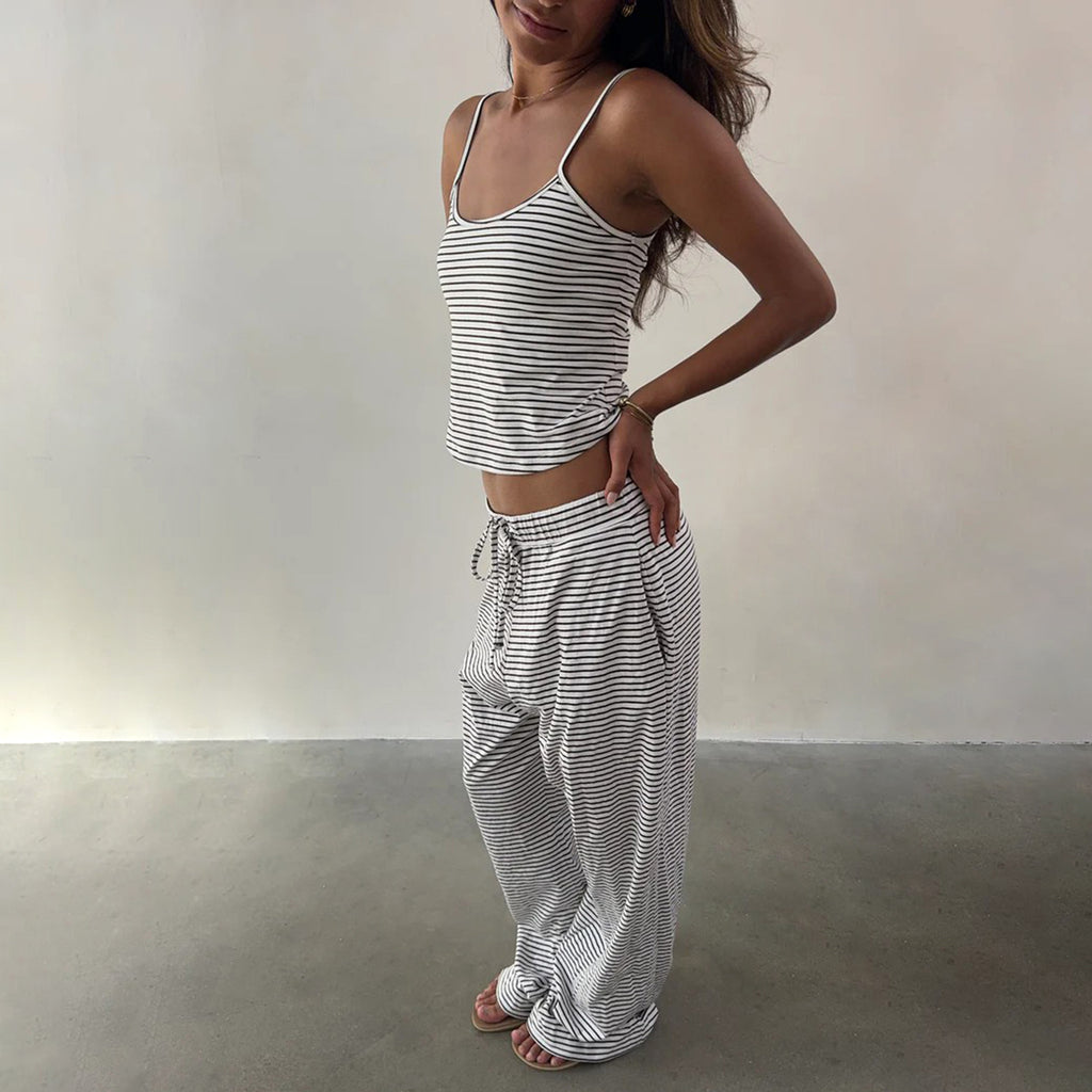 Casual Striped Spaghetti Straps Top Elastic Waistband Lace up Trousers Home Wear Pajamas Two Piece Set