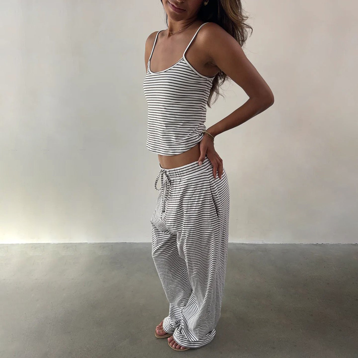 Casual Striped Spaghetti Straps Top Elastic Waistband Lace up Trousers Home Wear Pajamas Two Piece Set