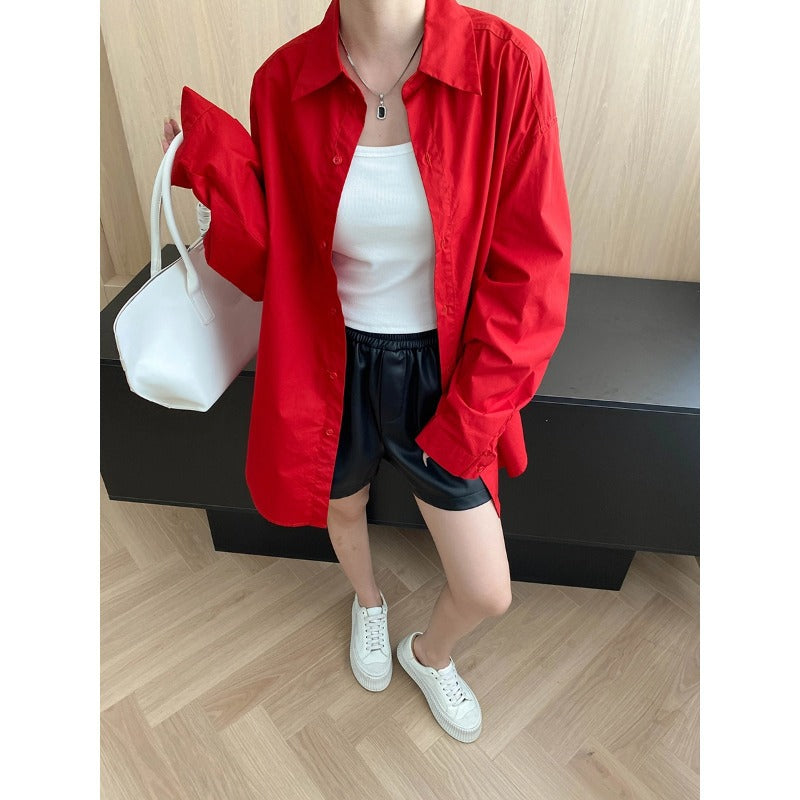 Early Autumn Blogger Relaxed Feeling All Matching Collared Loose Slimming Casual Long Sleeve Shirt