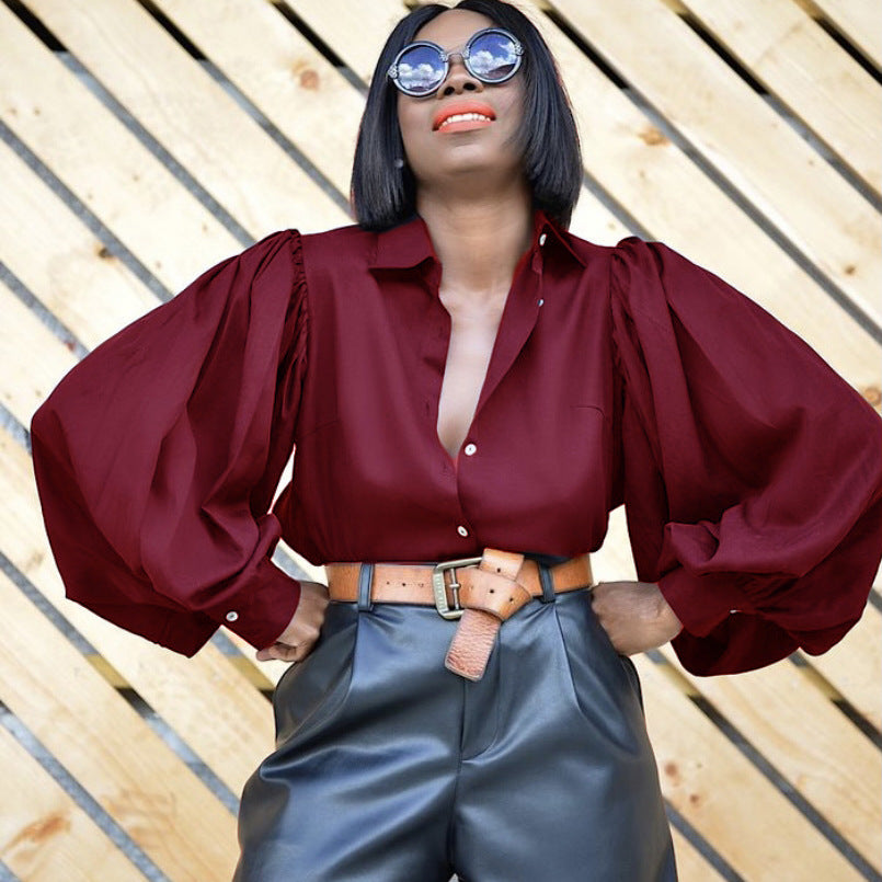 Single-Breasted Backless Lantern Sleeve Long Sleeve Office Shirt