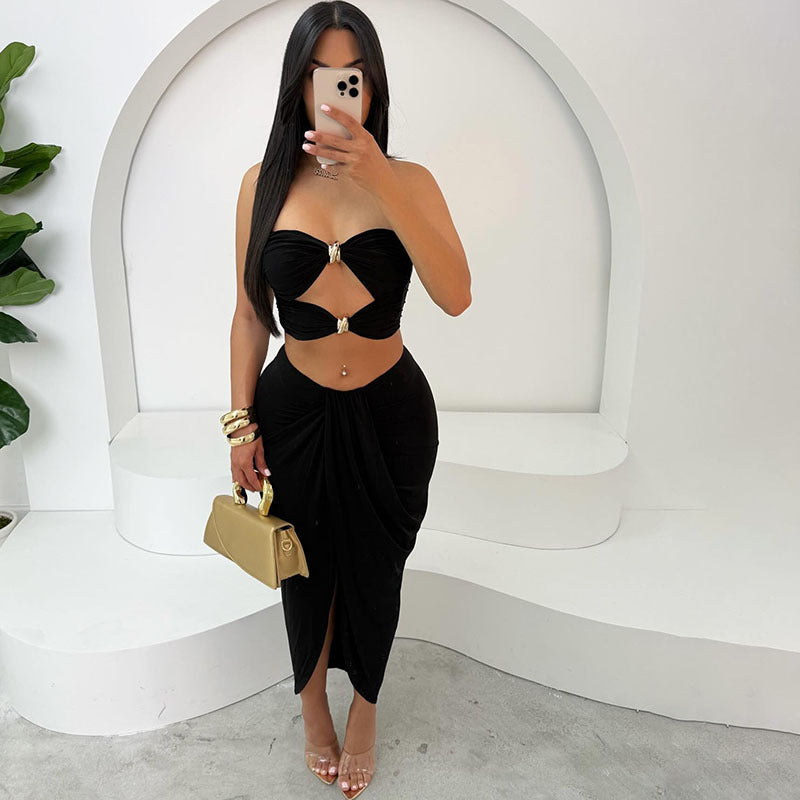 Summer Hollow Out Cutout Backless Tube Top High Waist Solid Color Split Skirt Set Women