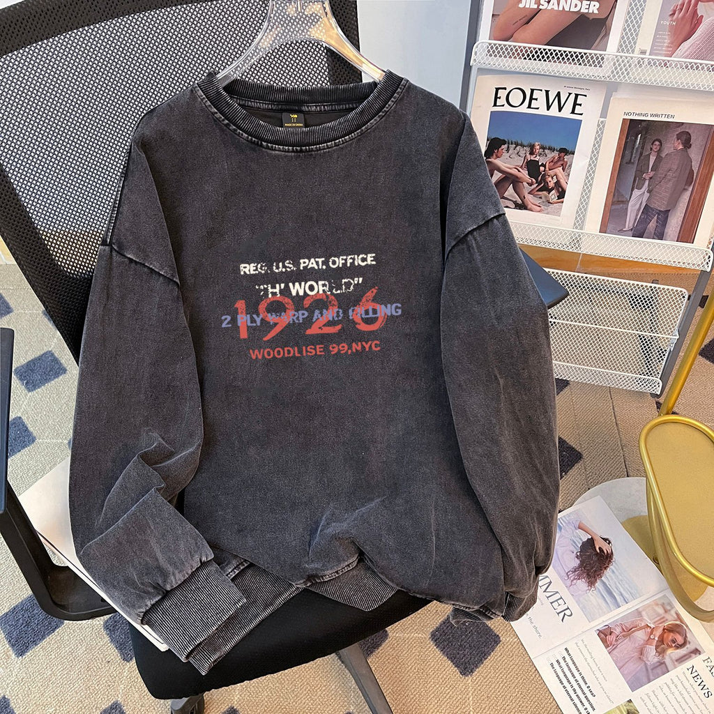 Loose Autumn Winter Fleece Lined Thickened Couple Outdoor Washed Distressed Composite round Neck Print Sweatshirt Women Coat