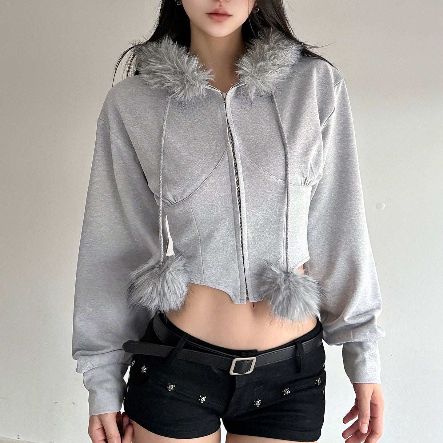 Casual Sports Fur Stitching Solid Color Zipper Hooded Coat Women Fur Ball Short Waist Tight Slimming Sweatshirt